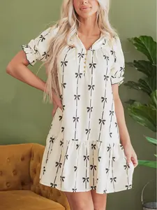 Women's Beige Cute Bowknot Printed Bubble Sleeve V Neck Mini Dress - Cute V-Neck A-Line Summer Sundress - Flattering High Waist Party Dress with Pockets