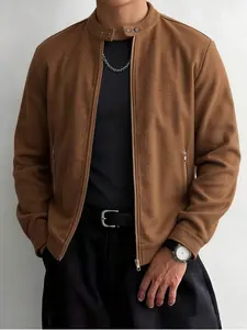 Trendy Men's Solid Black Bomber Jacket, Slim Fit Stand Collar Full Zip Up Casual Coat, Versatile Streetwear Outerwear for Street Style & Daily Wear #MensStreetwearJacket #SlimFitOuterwear #BlackJacket
