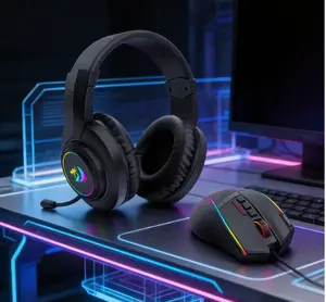 Wired Gaming Headset & Wired Mouse Set , 50 mm Drivers, Stereo Surround Sound, Noise-Canceling Microphone, Dynamic RGB Backlight, Over-Ear Headphones Works for PC/PS4/XBOX ONE/NS, Black