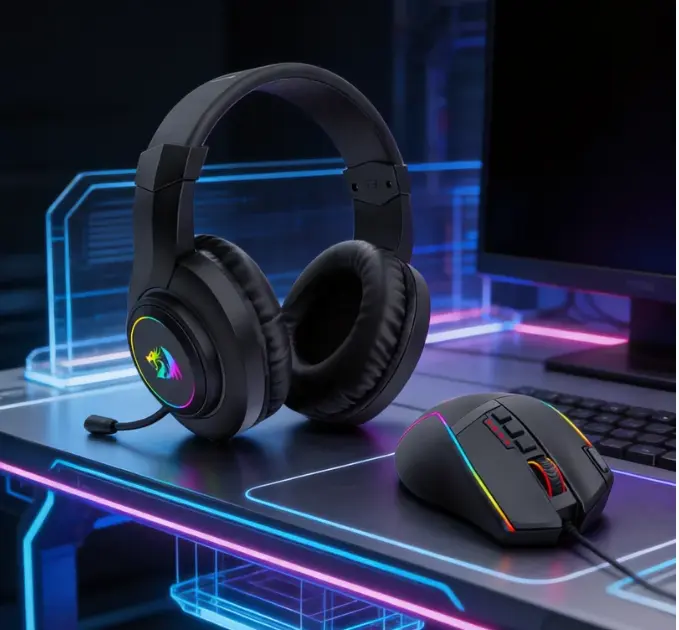 Wired Gaming Headset & Wired Mouse Set , 50 mm Drivers, Stereo Surround Sound, Noise-Canceling Microphone, Dynamic RGB Backlight, Over-Ear Headphones Works for PC/PS4/XBOX ONE/NS, Black
