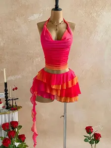 Gradient Backless Two-Piece Set, Women's Ruched Mesh Top & Layered Ruffled Mini Skirt, Sexy Sweet Style, Perfect for Parties