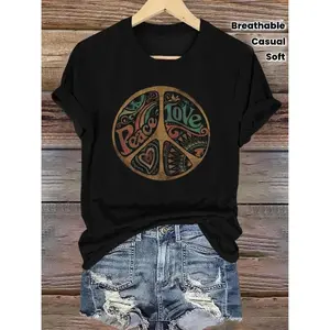 Peace Love Graphic T Shirt For Women Vintage Boho Hippie Tee Soft Breathable Casual Crewneck Short Sleeve Summer Top For Everyday Outfits