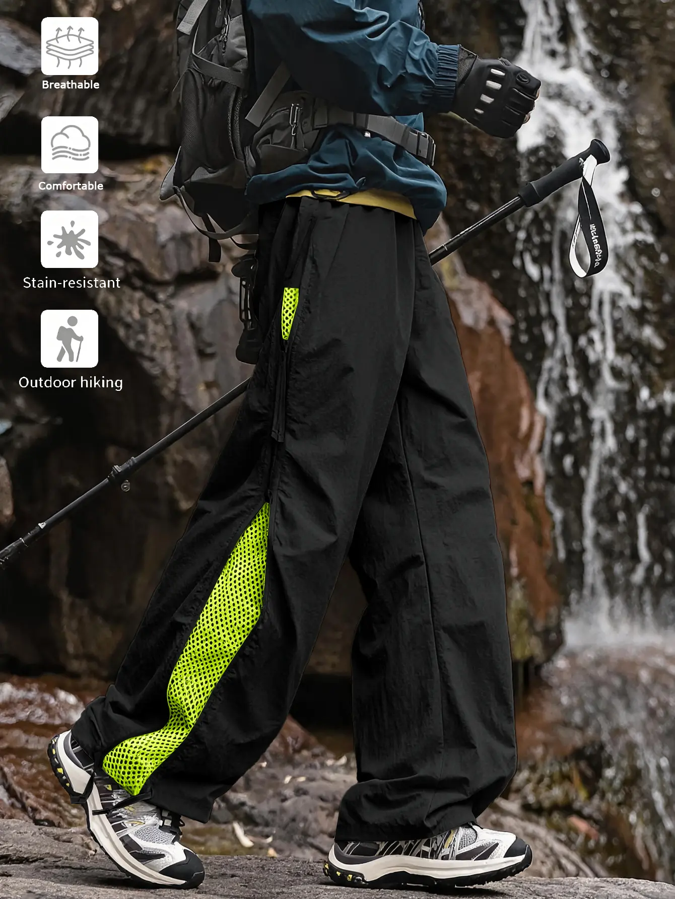 Menswear Men's Mesh Panel Hiking Cargo Pants - Breathable, Loose Wide-Leg Outdoor Trekking Trousers with Zip Pockets