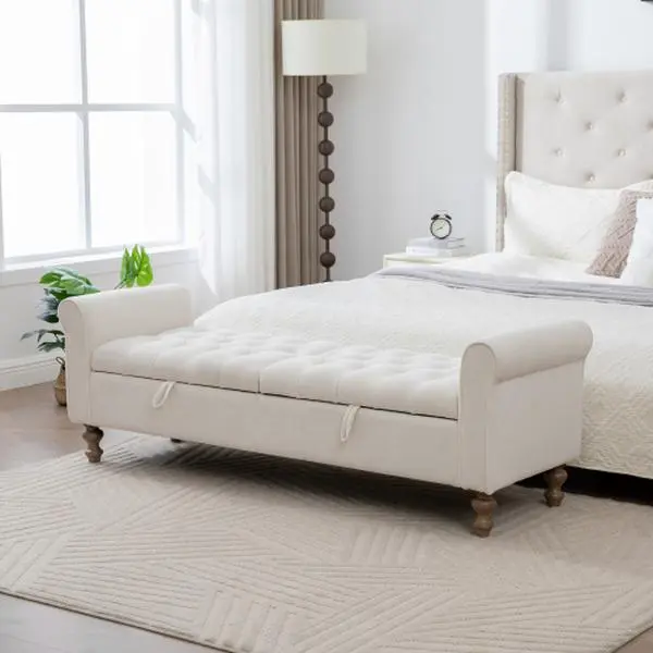 Glam Contemporary Backless Upholstered Storage Bench - 65.75" Wide, 350 lbs Capacity, Fixed Arms, Dual Flip-Top Lids, Rubberwood Legs, Napped Fabric Cushion, Includes Hardware, Hidden Storage, Multifunctional Furniture for Living Room, Bedroom, Dorm