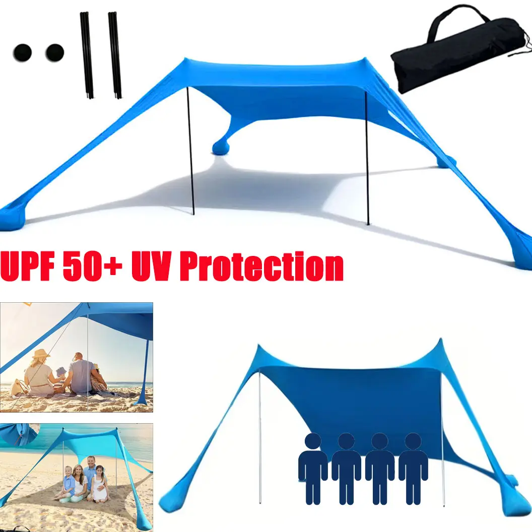 Outdoor Pop Up Beach Tent, UPF 50+ UV Protection Canopy, Windproof Design with 2 Support Poles And Sandbags for Family Trips, Camping, Fishing, Sky Blue/Red