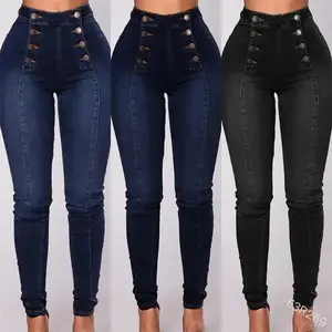 Black Vintage Stretch Skinny Denim Jeans for Women, Casual, Double-Breasted