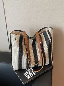 Large Capacity Striped Straw Beach Bag, Lightweight Beach Bag, Perfect for Vacation, Outdoor Shopping, Handheld or Shoulder Strap, Versatile and Stylish, Fashionable Patterned Bag