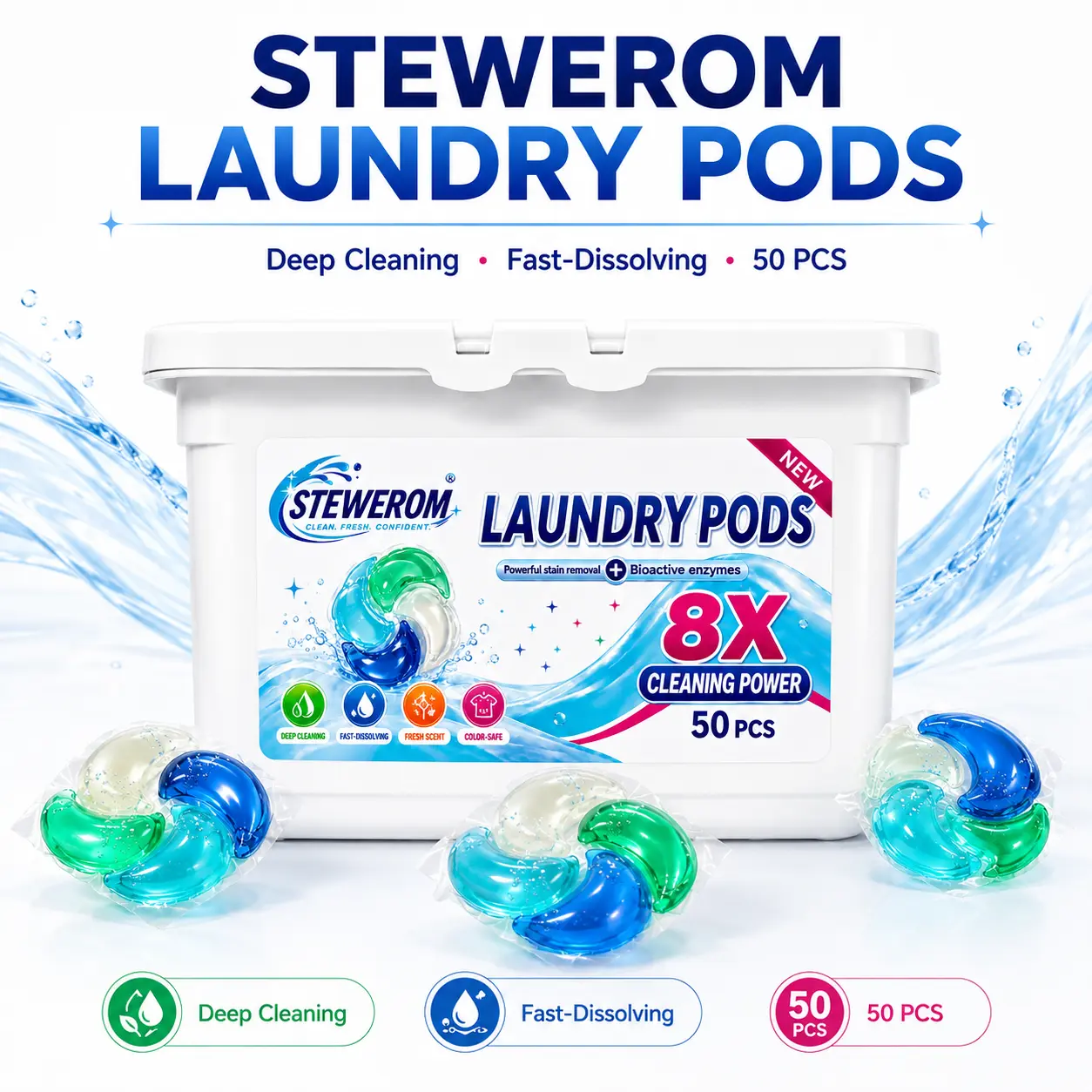 Stewerom Free & Clear Laundry Detergent Pods, 50 Ct, 5-in-1 HE Compatible Washing Pods, Fragrance Free & Dye Free Laundry Pacs for Everyday Clothes