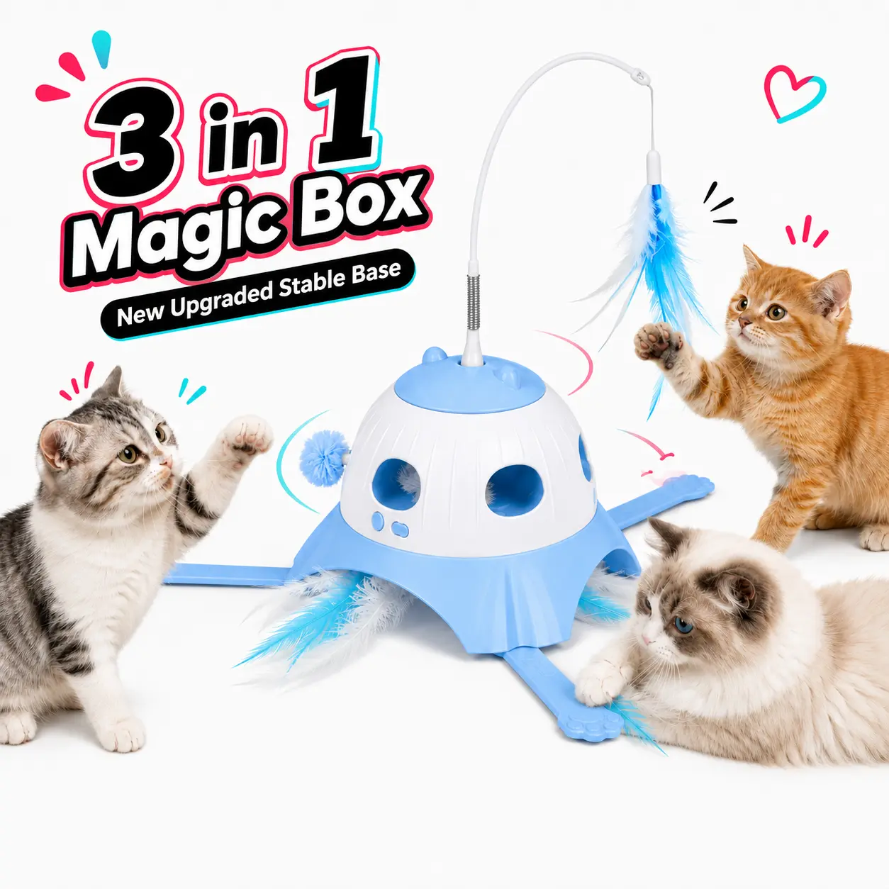 3-in-1 Interactive  Cat Toy for Indoor Cats - Touch-Activate Automatic Whack-a-Mole, Top Spinning Teaser, 360° Rotating Feathers Wand, 4 Play Modes, USB-C Rechargeable, Universal Fit