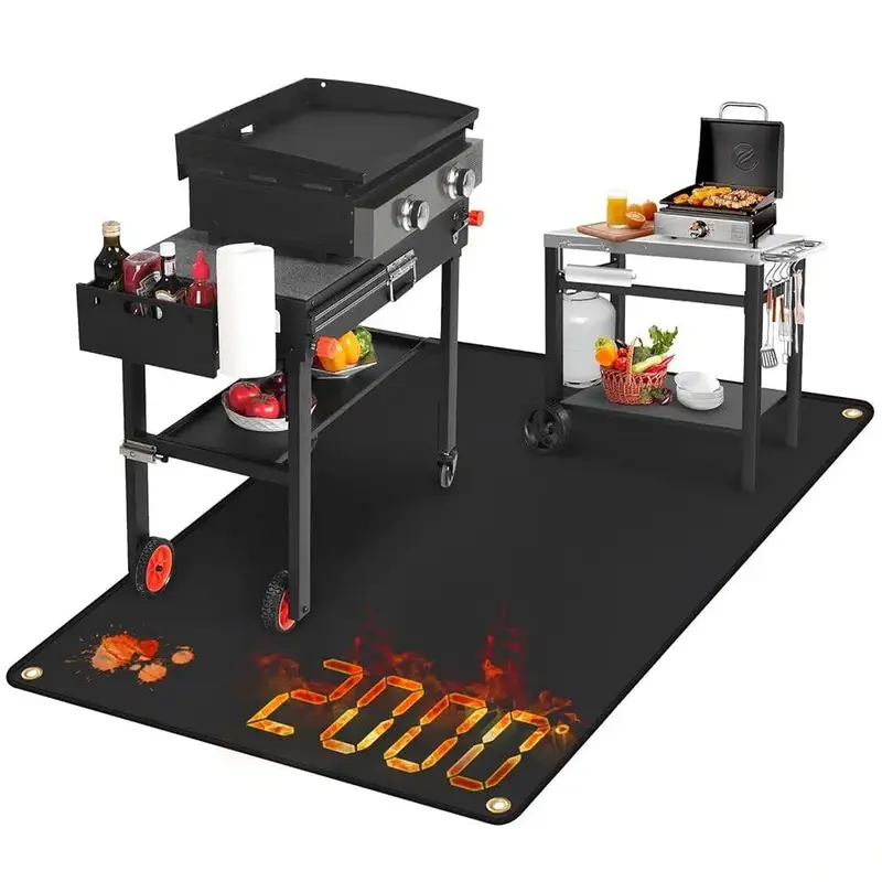 Extra Large 70x40in Silicone Under Grill Mat with Ground Stakes, Outdoor Grill Accessories, Garden BBQ Mat, Fireproof Materials, Wind-proof, Anti-curl, High Temp Resistant, Blocks Spills, Easy to Clean, Foldable for Storage