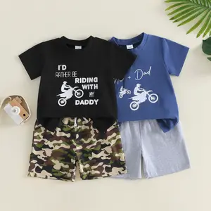 Toddler Baby Little Boys Summer Outfit Cute Motorcycle Letters Print T Shirt with Solid/Camouflage Shorts Set 1-5 Years