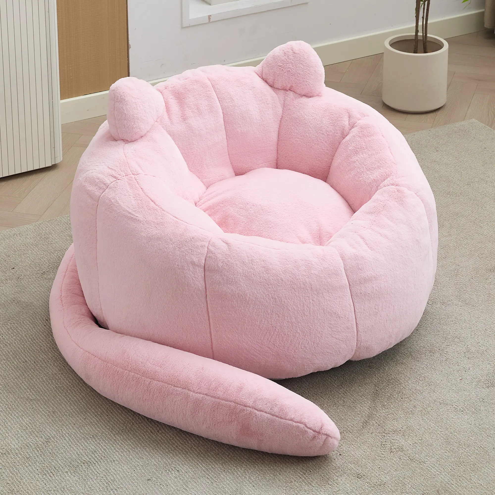 Eyisean 44-in Cat-Shaped Faux Fur Casual Memory Foam Deep Seating Sofa - Single-Person Durable Boneless Couch, Long Tail, Cat Ears, Fixed Arms, Non-Slip Base, Fully Assembled, Covers & Refills Included, Ideal for Bedroom, Modern Indoor Furniture