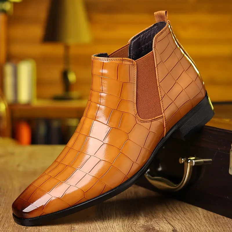 Casual Shoes for Men, Plaid Slip-On PU Leather Pointed Toe Ankle Boots for All-Season Outdoor Wear, Footwear, Walking Shoes, Rubber