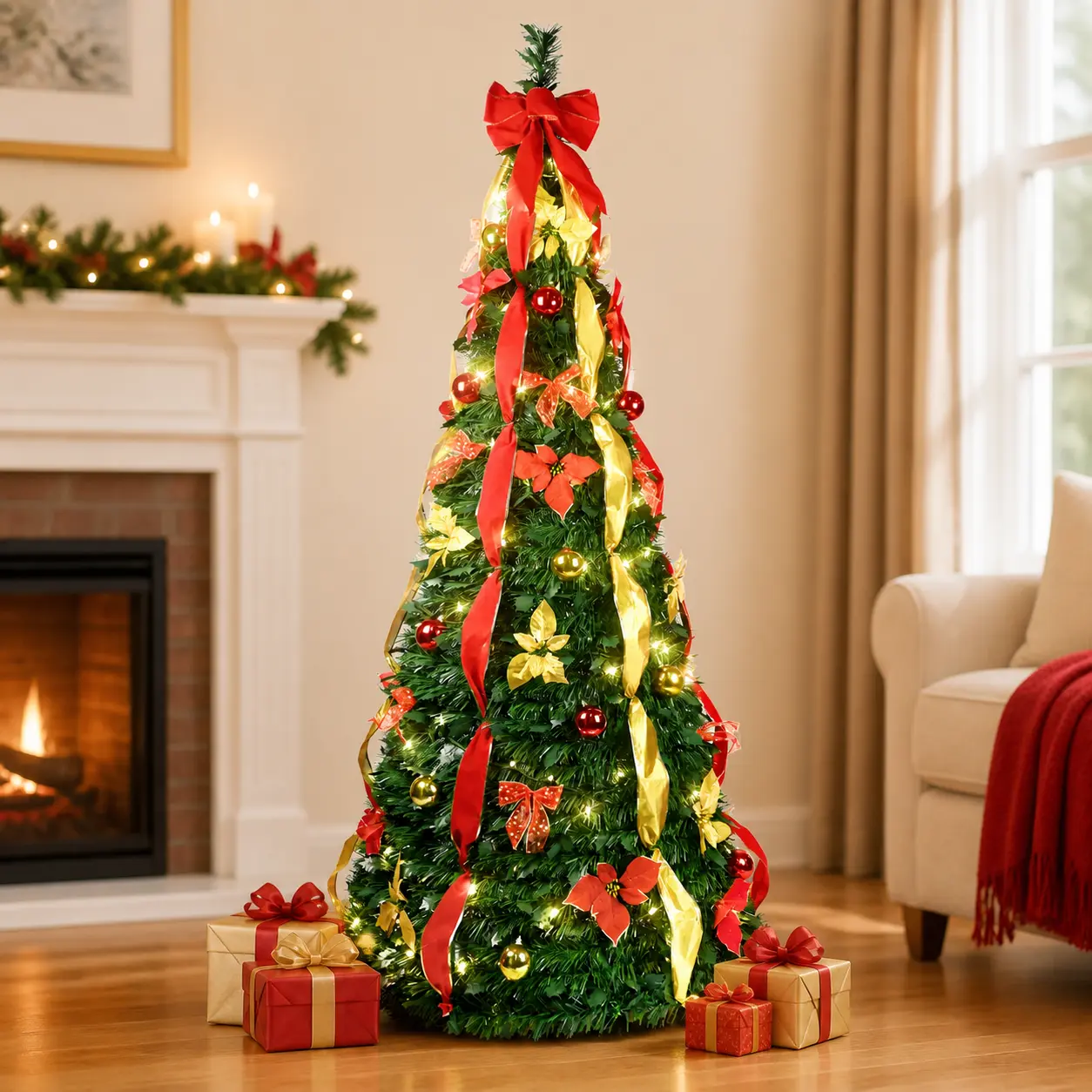 6ft 7.5ft Pre-lit Pre-decorated Christmas Tree Pop-up Christmas Tree, 1 Minute Installation Holiday Party Decorations with Red and Gold Christmas Ball Ornaments Gold Bow Ribbon put ribbon christmas tree Pvc Material Reusable Design christmas decorations
