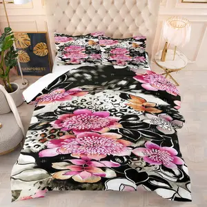 Leopard Floral Pattern Comforter Set, Includes 1 Comforter And 1 Or 2 Pillowcases Without Insert, Suitable As a Gift For Teenagers And Adults, Soft And Warm Bedroom Decoration