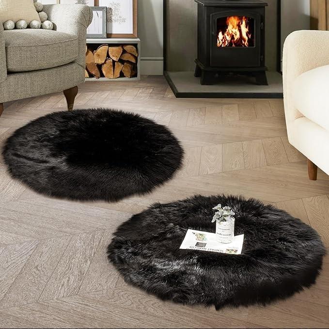 Set of 2 Machine-Made 3x3 Ft Round Faux Sheepskin Fur Area Rugs - Fluffy Soft, Glam Look, Cozy Vibe, Indoor Use, Home Interiors Decor Textile, Multiple Color Options