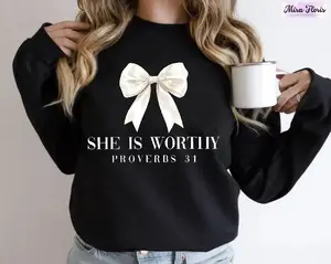 Comfort Colors Christian Women's Sweatshirt, She Is Worthy Bow Shirt, Girly Faith Based  Religious Gift, Bible Verse Women's Sweatshirt Casual Print Long Sleeve Round Neck Pullover for Daily Wear, Ladies Clothing Fall & Winter Fashion Unisex Sweatshirts
