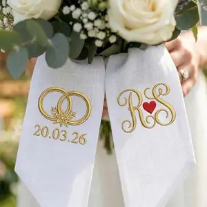 Embroidered Custom Wedding Rings Bouquet Sash, Elegant Bridal Keepsake, Personalized Monogram Ribbon Wrap, Wedding Gift