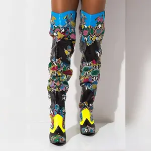 Colorful Snakeskin Over-the-Knee Boots – Chunky Low Heel Western Style
