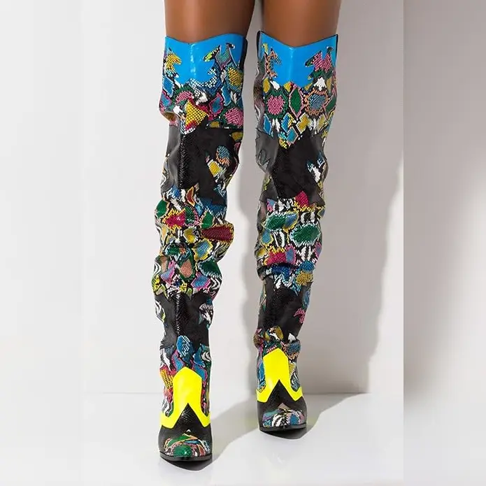 Colorful Snakeskin Over-the-Knee Boots – Chunky Low Heel Western Style