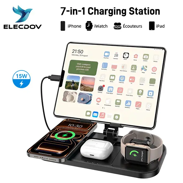 ELECDOV C12 4-in-1 Chargers Aesthetic Charging Station - Portable Solution Multi-Function Hub with Wired Tablet Charger, Foldable Stand for iPhone 17/16/15/14 Pro Max/13/12/11, Smartphones, Smart Watch Series 8-SE, Wireless Earbuds 3/2/Pro techvibes