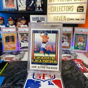 2025 Panini Score "League Leaders" insert card (#11) featuring Denver Broncos quarterback Bo Nix., Sports Cards Packs, Trade Card Box