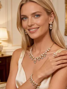 French Pearl Rhinestone Set, Elegant Full Diamond Flower Jewelry Kit, Necklace Earrings Bracelet Ring Set for Women, Casual All-Season Accessories