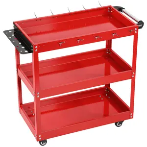 Yucoap 3-Tier Rolling Tool Cart, Metal Heavy Duty Utility Cart with Side Hooks, 4 Wheels, Handle, 330lbs Load Capacity Tool Organizer Cart for Warehouse, Garage