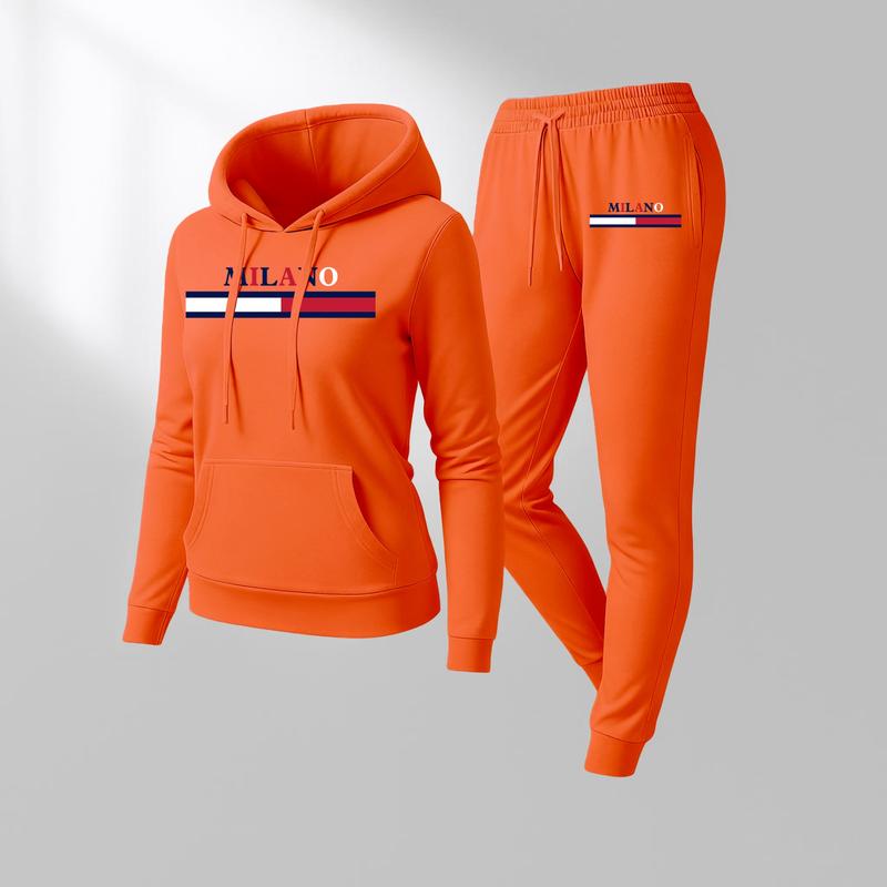 Women's MILANO Print Hoodie And Drawstring Track Pants Set, Casual Sportswear, Long-Sleeved Hooded Jacket And Pants, Suitable For Autumn And Winter, Everyday Wear, Indoor And Outdoor Sportswear, Casual Sportswear.