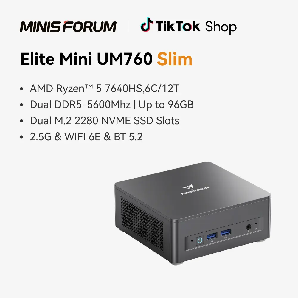 MINISFORUM UM760 Slim Mini PC, AMD Ryzen 5 7640HS Processor Mini Computer(6C/12T, Up to 5.0GHz), 16GB DDR5 RAM & 1TB PCIe 4.0 SSD, Support 8K@60Hz HDMI 2.1/USB4 Output, WIFI6E/BT5.3/Auto Power On BackToSchool