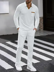 Men's Two-Piece Set, Christmas Gift, Friday, Spring Summer Fall, Short Sleeve Waffle Knit, Casual Pants, Elastic Waist