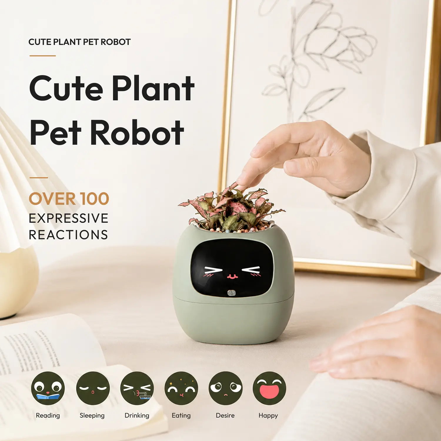 IVY Smart Indoor Plastic Plant Pot - AI Electronic Pet Flowerpot with Expressive Faces, App Control, Automatic Moisture Tracker - Cute Desk Companion, Gifts for Plant Lovers for Home Office