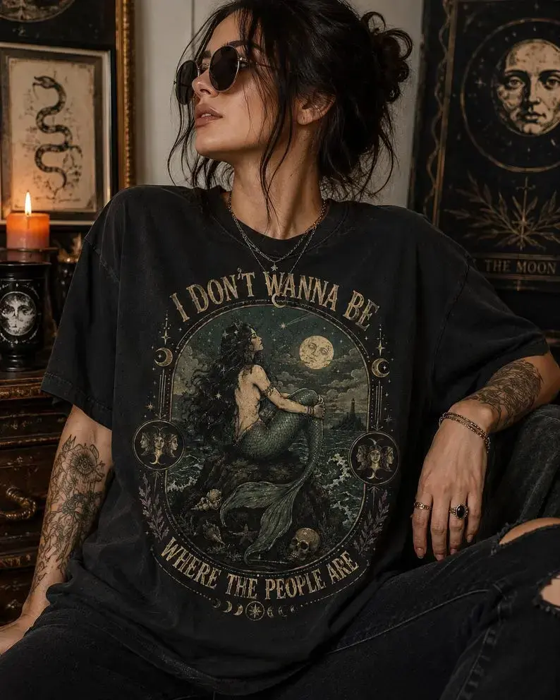 Comfort Colors Siren I Don't Wanna Be Where The People Are TShirt Antisocial Mermaid Vintage Mermaid TShirt Mystical Tee Dark Fantasy Coastal Gothic