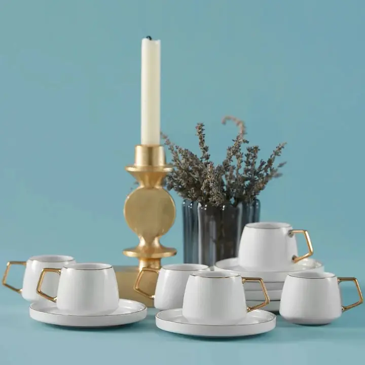 Karaca Streamline Saturn 12-Piece Porcelain Turkish & Espresso Coffee Cup Set for 6, 100ml, White & Gold