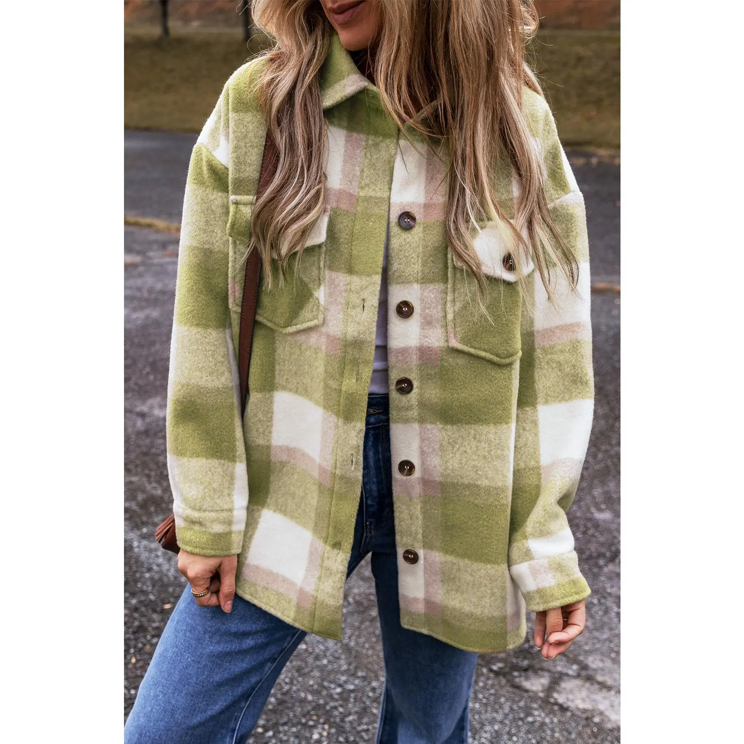 Sage Green Plaid Print Buttoned Flap Pockets Baggy Shacket