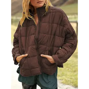 Women's Lightweight Quilted Puffer Jacket - Oversized, Casual Nylon Coat with Stand Collar & Zippered Cuffs, Long Sleeve, Button Pockets, Relaxed Fit for Casual Attire