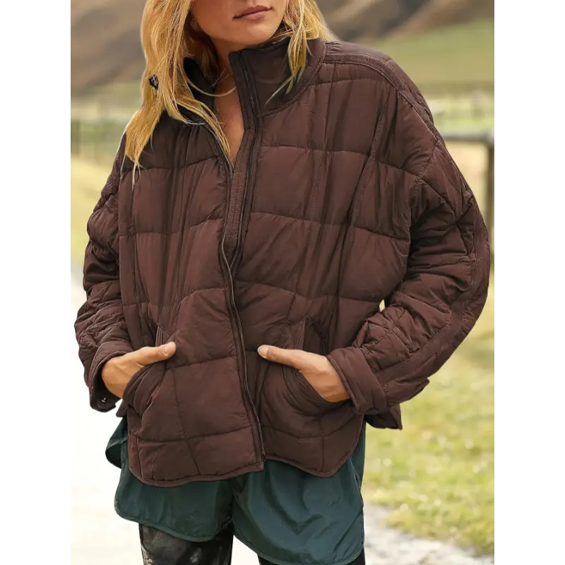 Women's Lightweight Quilted Puffer Jacket - Oversized, Casual Nylon Coat with Stand Collar & Zippered Cuffs, Long Sleeve, Button Pockets, Relaxed Fit for Casual Attire