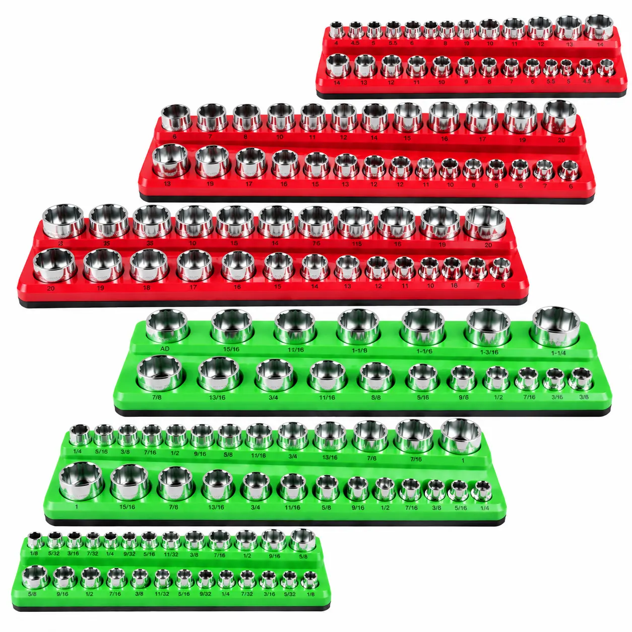 6-Piece Magnetic Socket Organizer Set, 1/2"-1/4"-3/8" SAE & Metric Deep/Shallow Holders, 143 Sockets Capacity, Clip-On Magnetic Hold, Metal Surfaces Mount, Garage Tooling for Workshops