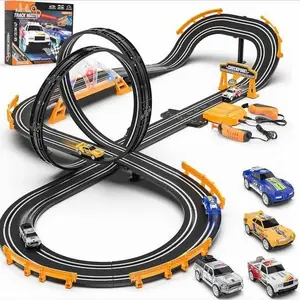 KismeT Shop  Slot Machine Racing Track with 4 High-Speed Slot Cars Electric Ramp Roundabout Flashing Bridge Pendulum Double Racing Game Perfect Gift for Boys 6-12