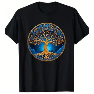One Men's Casual Cotton T-Shirt, Printed with Nordic Celtic Yin-Yang Tree of Life Pattern, Short Sleeve, Round Neck, Loose Fit, Suitable for All Seasons, Digital Printed Art T-Shirt Casual Short-Sleeve Comfort Wear Fun Shirts Graphic Tees Men's T-Shirts