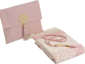 Muslim Prayer Rug with Tasbih and Portable Bag, Muslim Gift for Women Men, Mubarak Islamic Box, Soft Mat Islam Gifts Set, Turkish Sajadah for Ramadan, Eid, Hajj, Travel, Pray (Powder Pink)