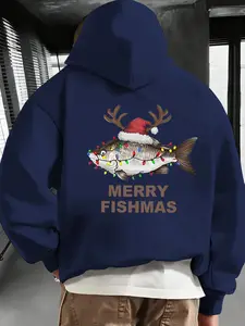 Men's Drawstring Hooded Loose Sweatshirt, Fall & Winter Casual Comfortable Hoodie, Merry Fishmas Christmas Element, Perfect Gift