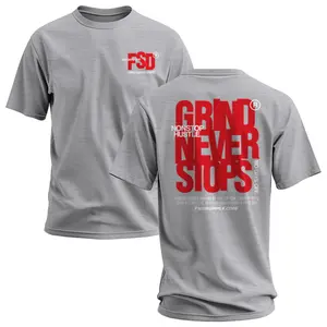 FSD Grind Never Stops T-Shirt with 2 Sides Graphic, Bold Red Hustle Typography Back Print and Motivational Slogan, Front FSD Logo, Soft Cotton Blend Shirt, Streetwear Apparel for Men and Women, Gift for Entrepreneurs and Hustlers