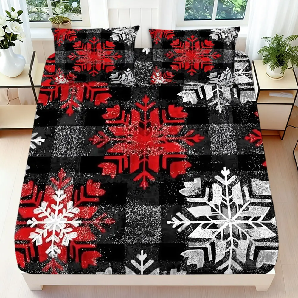 2/3 Pcs 2D Flat Winter Snowflake Pattern Fitted Sheet Set Snowflake Bedding Set Quilt Cover 1 Fitted Sheet + 1/2 Pillowcases Snowflake Top Sheet Decorative Bedding Bedroom Decor