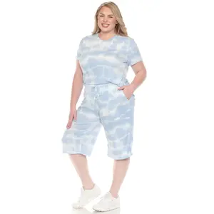 212 MAIN Women's Plus Size Soft 2-Piece Knit Nightwear Loungewear Set - Adjustable Shortsleeve Style Top with Pockets, Breathable Tie Dye Fabric, Casual Capri Pants, Blue, PS3627-06-1X Size 1X, Pajama Set
