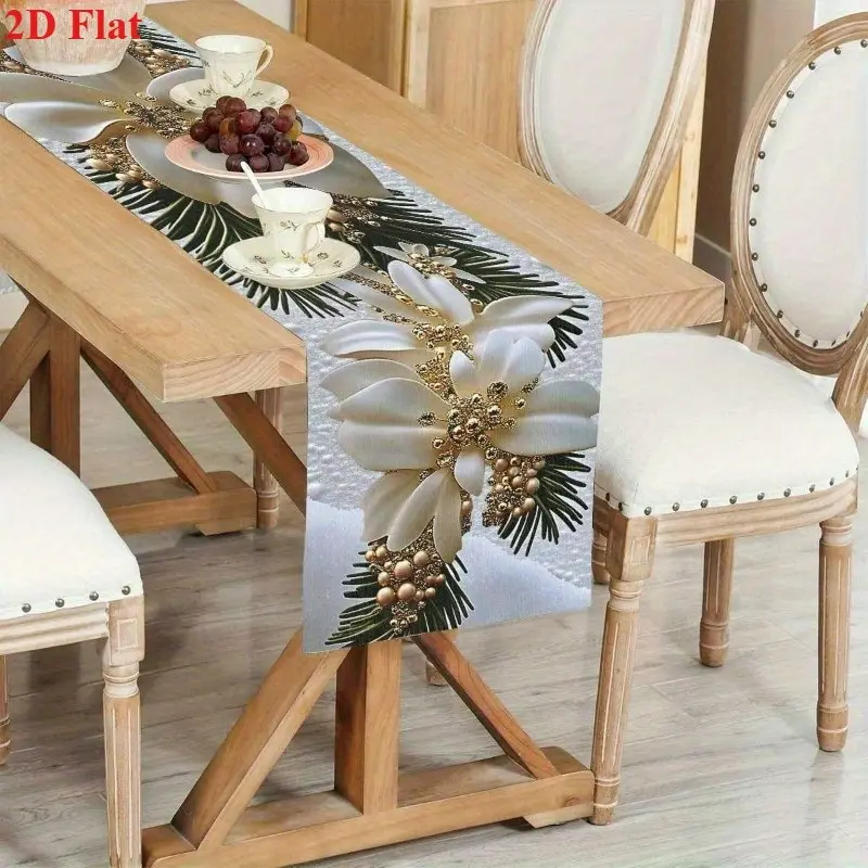 White Poinsettia Print Table Runner - Festive Holiday Theme Textile, Household Kitchen Linen Decoration