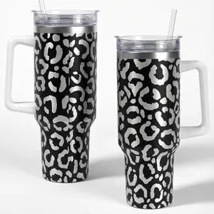 Black Leopard Print 40oz Insulated Tumbler with Handle, Stainless Steel Double Wall Vacuum Travel Cup