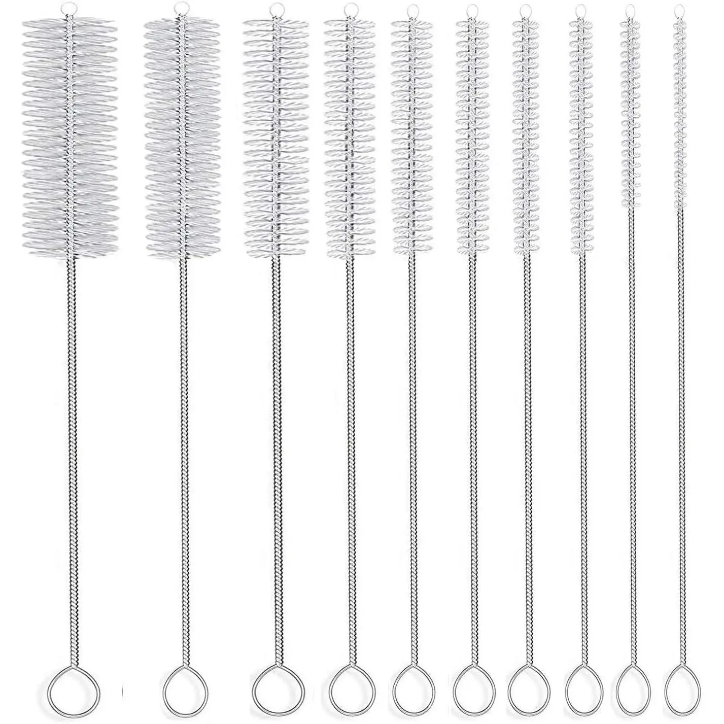 Synthetic Pipe Cleaner Set - 8 in Long Nylon Straw Brushes with Soft Bristles, 10 Different Diameters, Durable Stainless Steel Core, 10-Piece Full Set