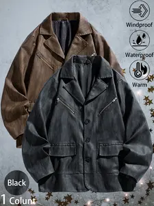 New Men's Casual Fashion Loose-Fit Mid-Length Leather Blazer Windproof, Warm, Waterproof, Durable, Washable, Distressed Finish Business-Style Trench Coat Jacket Ideal for Daily Commuting, Outdoor Adventures, Hiking, and Fishing Outfits