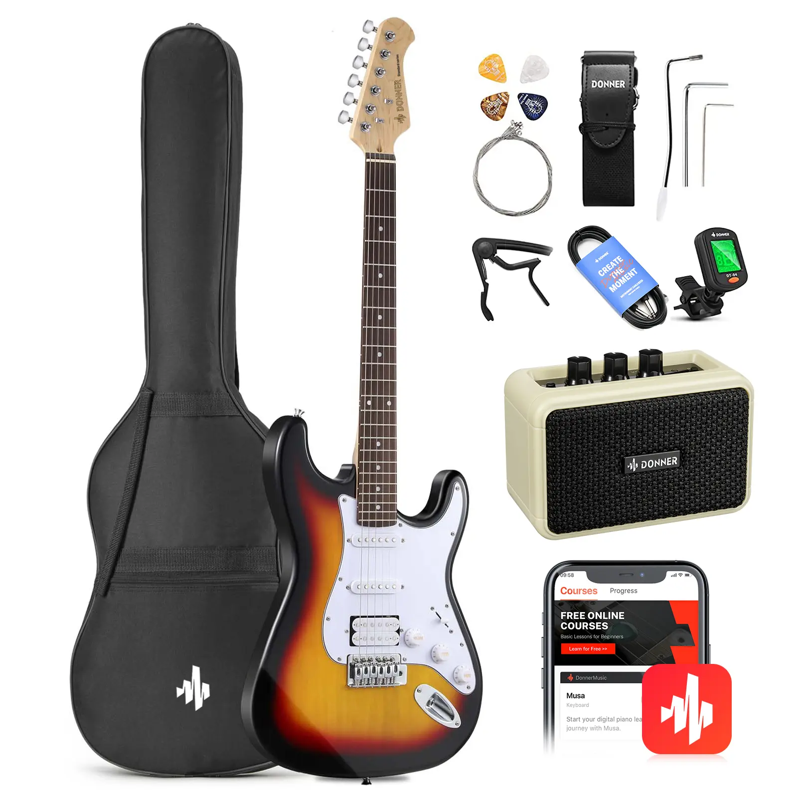 Donner DST-100 Full-Size 39-in Solid Body Electric Guitar Kit for Beginners - HSS Pickup, Amplifier, Guitar Picks, Strings Donner DST-100 Full-Size 39-in Solid Body Electric Guitar Kit for Beginners - HSS Pickup, Amplifier, Guitar Picks, Strings